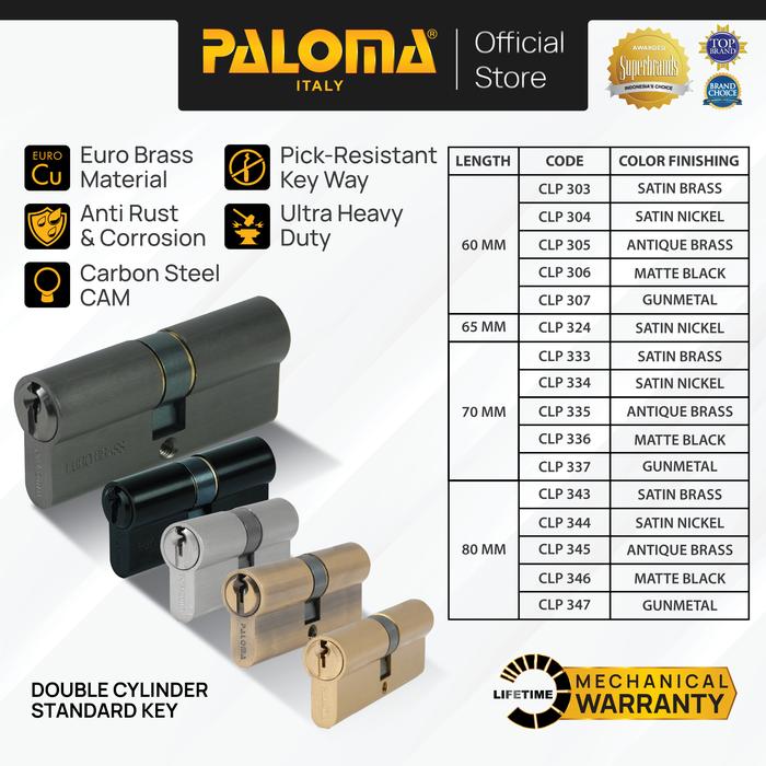 Gambar PALOMA Cylinder Kunci Pintu Silinder Double Cylinder Knob Standard Key Brass Kuningan Gold Emas Satin Silver Antique Antik Black Hitam Gunmetal Gun Metal CLP 303 304 305 306 307 324 333 334 335 336 337 343 344 345 346 347 - 60 mm, Satin Brass dari PALOMA Official Kota Administrasi Jakarta Timur Tokopedia