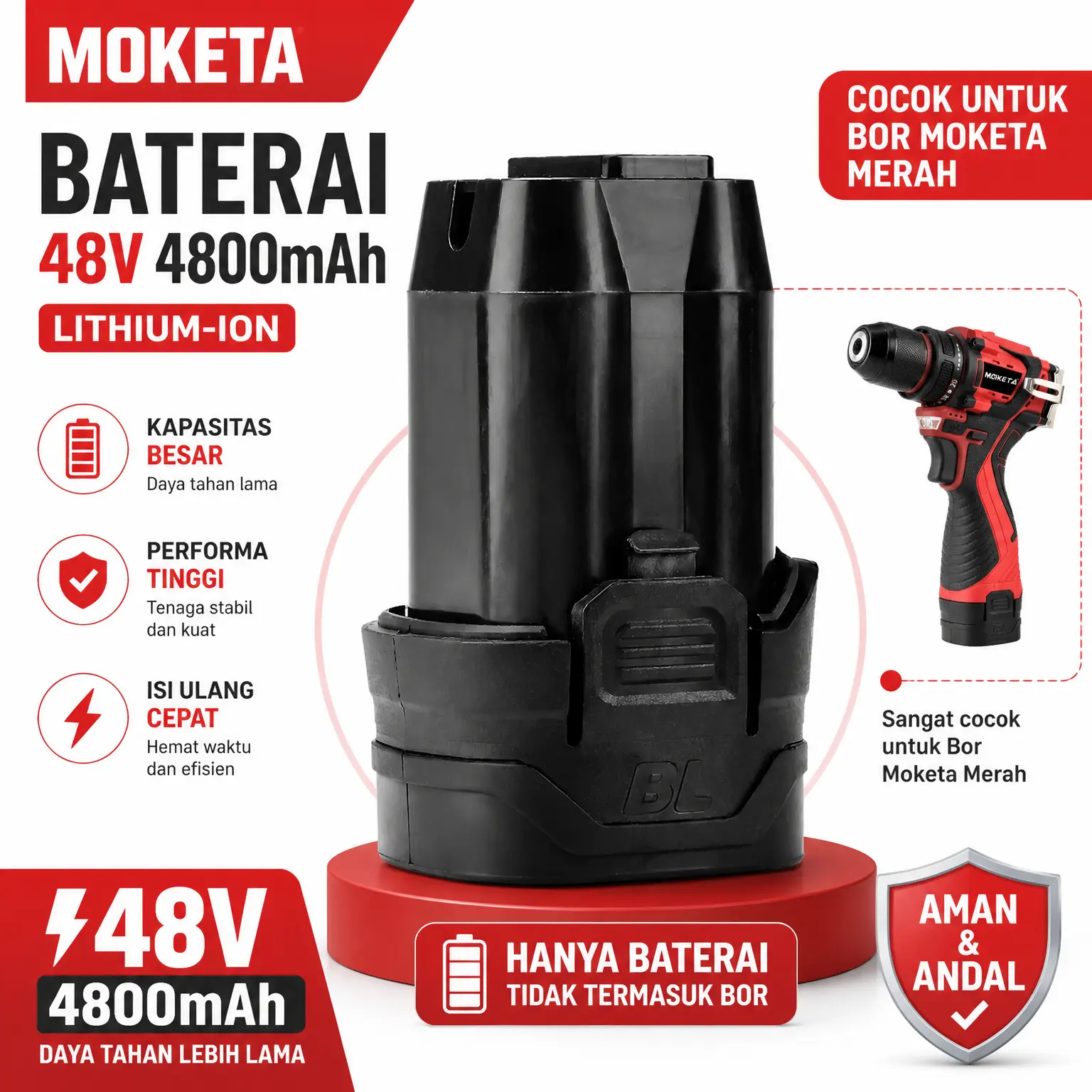 [HANYA BATERAI] Baterai Bor Cordless Moketa Merah 48V 4800mAh Sparepart Asli Cadangan