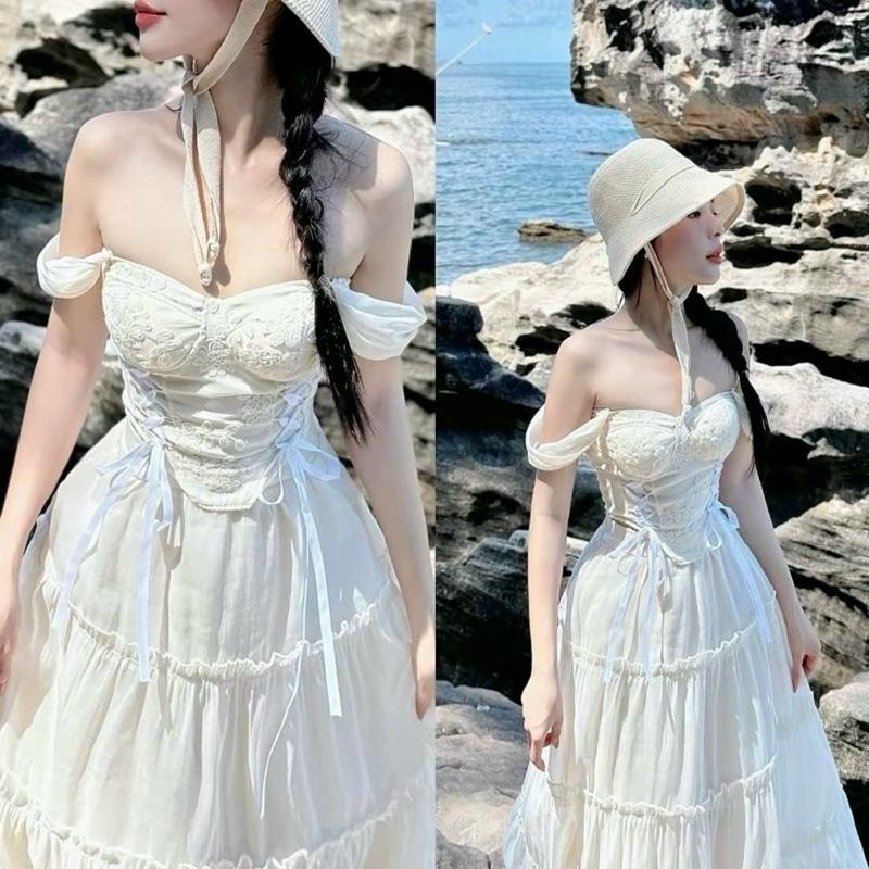 Set Voan Áo Trễ Vai Đan Dây Mix Chân Váy 4 Tầng Dáng Dài Đi Biển 