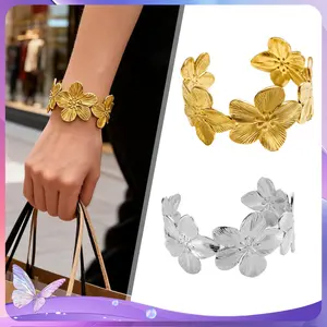 Gelang Fashion Bunga Stainless Steel Terbuka Geometris Bisa Dipersonalisasi