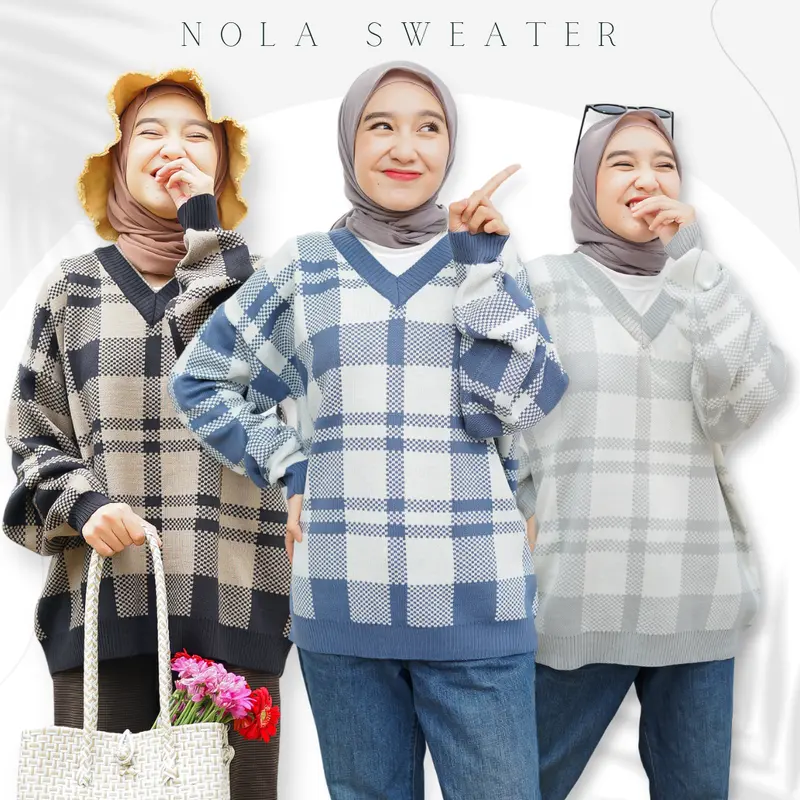 Oneoutfit Sweater Rajut Wanita Premium Terbaru Motif Kotak Nola Oversize Bahan Knit Halus Lembut 0