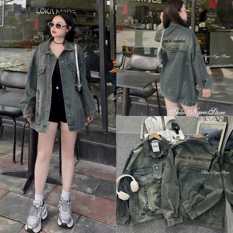 Áo khoác jean nữ tay dài form rộng thêu chữ 2 mặt! THẢO NGỌC STORE Nữ Women Top Bò