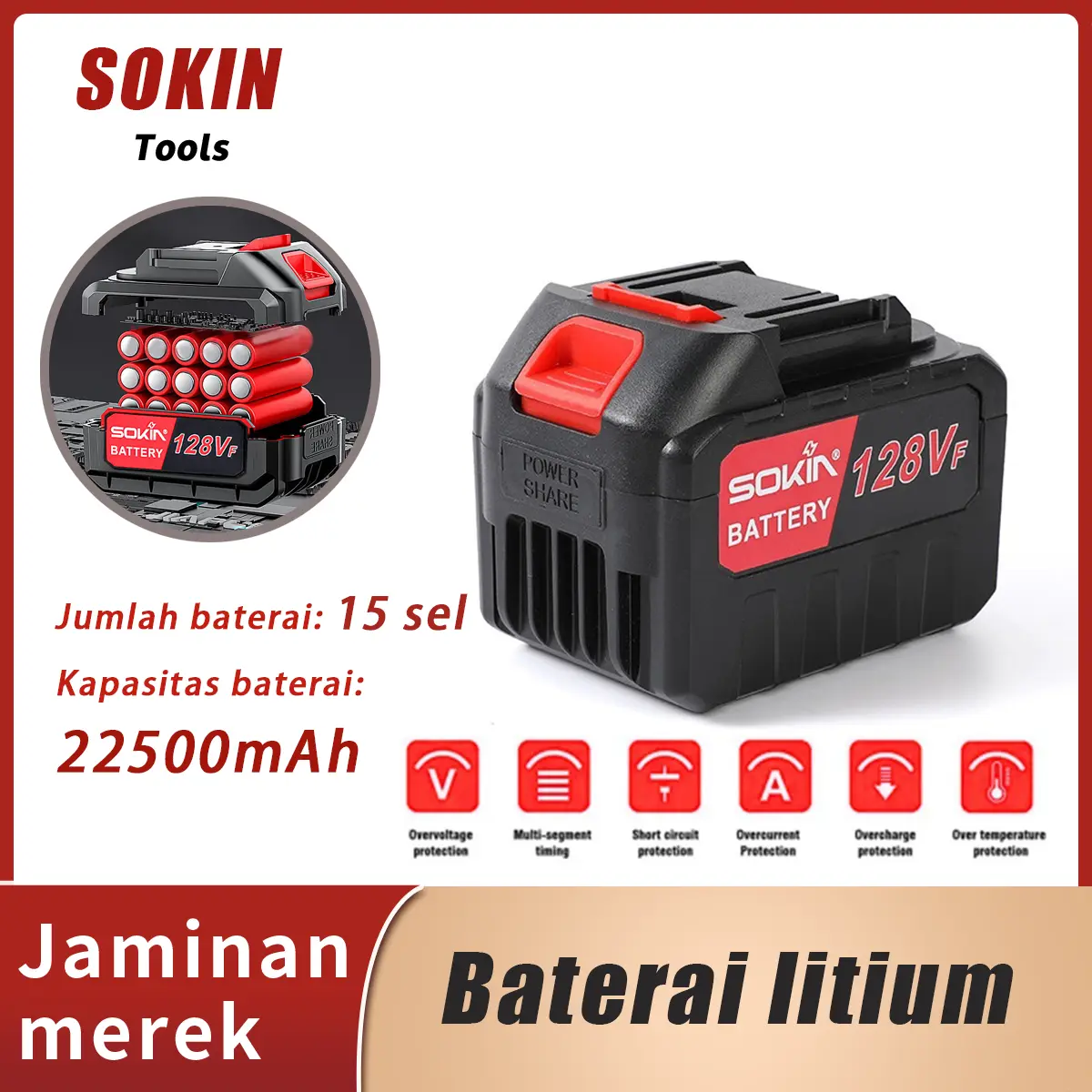 SOKIN Tools  Baterai bor listrik 88VF/128VF Baterai bor benturan 10 sel Baterai kunci pas benturan tanpa kabel 4.0Ah Baterai berkapasitas besar