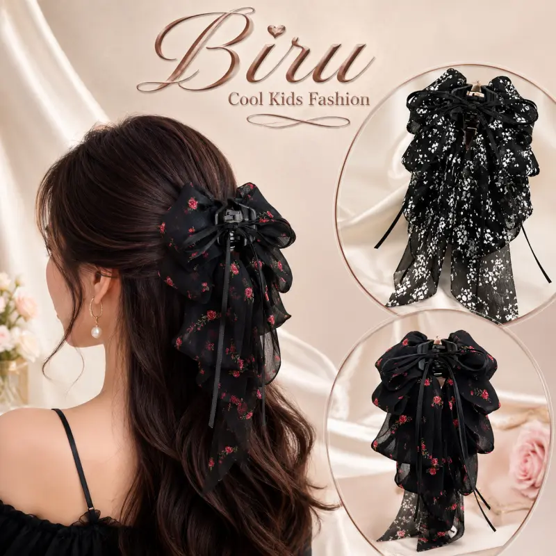 Biru Cool Kids Fashion Jepit Rambut Pita Motif Bunga Kain Sifon Korea Style Aksesoris Rambut Wanita Terbaru