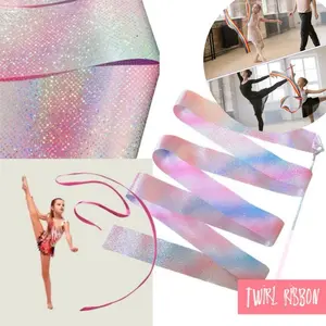 ￼Tongkat pita Glitter Berkeditip untuk senam Ritmik Balet Gymnastic Ballet Twirl Ribbon Stick