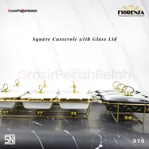 Fiorenza - Prasmanan Wadah Saji Penghangat Makanan Keramik Set Casserole | Tempat Basi Elegan Motif Marbel Lining Gold, Tahan Panas & Estetik 978