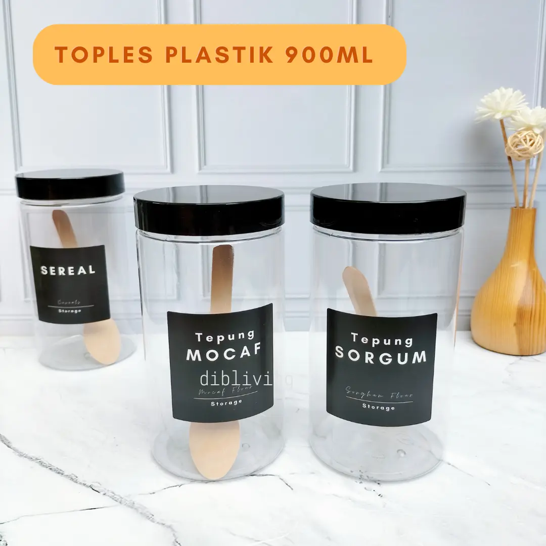 DIBLIVING.TOPLES PLASTIK 900ML SEDIKIT TEBAL UNTUK PENYIMPANAN BUMBU DAPUR, TEPUNG GULA KOPI TEH  TUTUP HITAM  MINIMALIS FREE SETIKER DAN SENDOK (SETIKER DUA BAHASA)