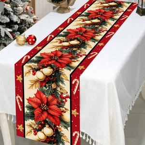 Camino de mesa navideño de 30x180 Cm, base clara con bordes bloque, diseños de Papá Noel, Muñeco de Nieve y Elfo, decoración festiva para las fiestas