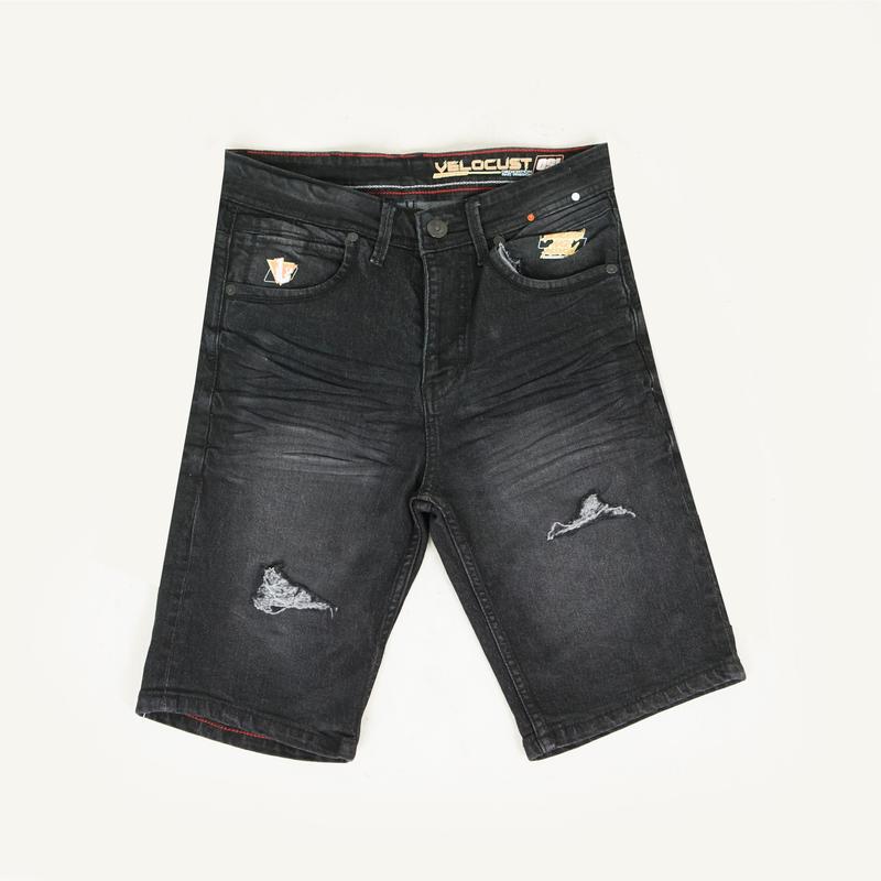 VELOCUST - Celana Pendek Jeans Pria Ripped Sobek Lapis Motif Slimfit Stretch Fleksibel Denim 13oz Black Dark Series Tebal Melar 4