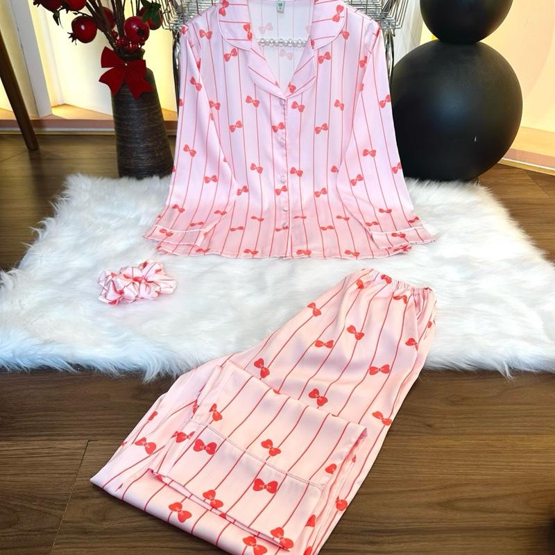 LATIN SPK NƠ HỒNG (45kg-85kg) - Pijama latin lụa mịn thiết kế hoạ tiết NƠ Hồng kẻ sọc, có tay ngắn tay dài, Nữ Women