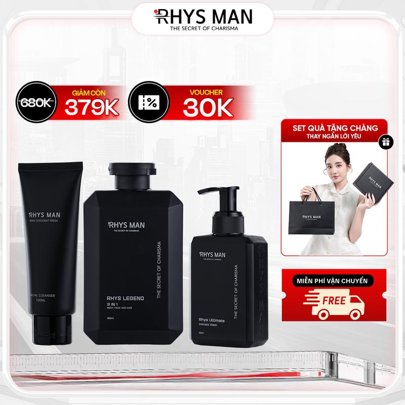 Combo Hạnh Phúc dành cho nam RHYS MAN (gồm: Sữa tắm nam 350 ml & Sữa rửa mặt nam 100ml & Gel vệ sinh nam 120ml) - Tặng 1 set Hộp & Túi
