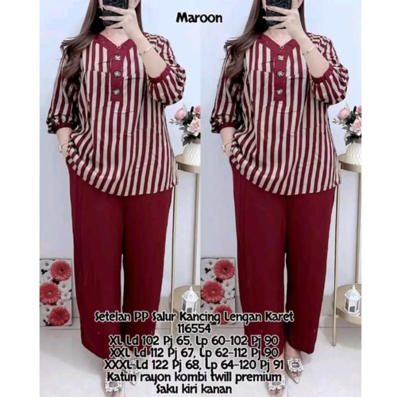 Product Introduction of SETELAN SALUR LD 110 120 130CM XL XXL SETELAN KATUN RAYON TWILL 116554 - SET MOTIF SALUR WANITA jumbo soft peach murah Baju Celana Kancing 2