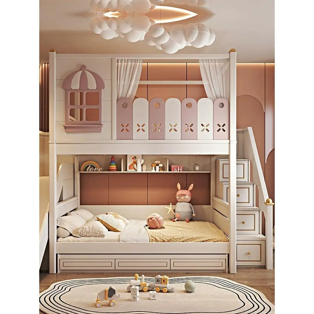 [Pre-order] Children's Bunk Bed Bunk Bed Two-Decker Bed Girls Pink Princess High and Low Bunk Bed with High Guardrails and Same Width