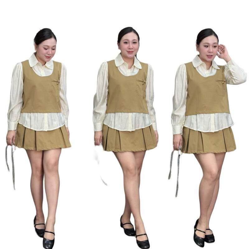 Set bộ sơmi gile liền chân váy xếp li nắp HTN cúc CLLEE bigsize nữ 21654 Top