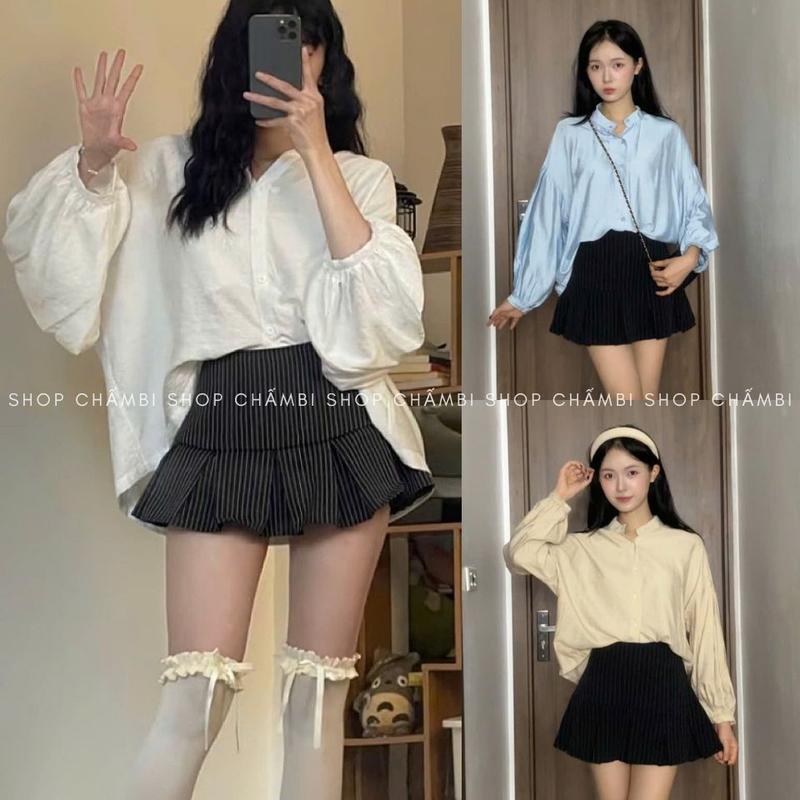 Áo sơ mi nữ A.771, Áo sơ mi cổ tàu tay dài bồng dáng rộng phối cúc dọc basic, dễ phối đồ - Shop Chấm Bi