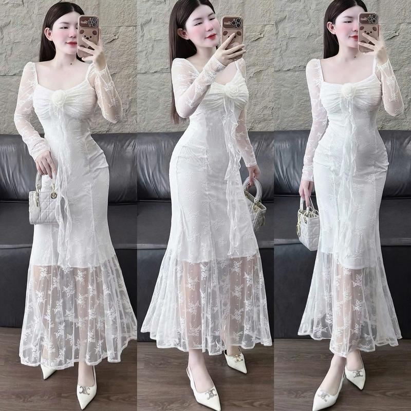 Đầm váy nữ thun lưới họa tiết hoa đính nơ dáng dài đuôi cá xòe xinh xắn, sang chảnh dành cho các nàng diện đi chơi, đi tiệc