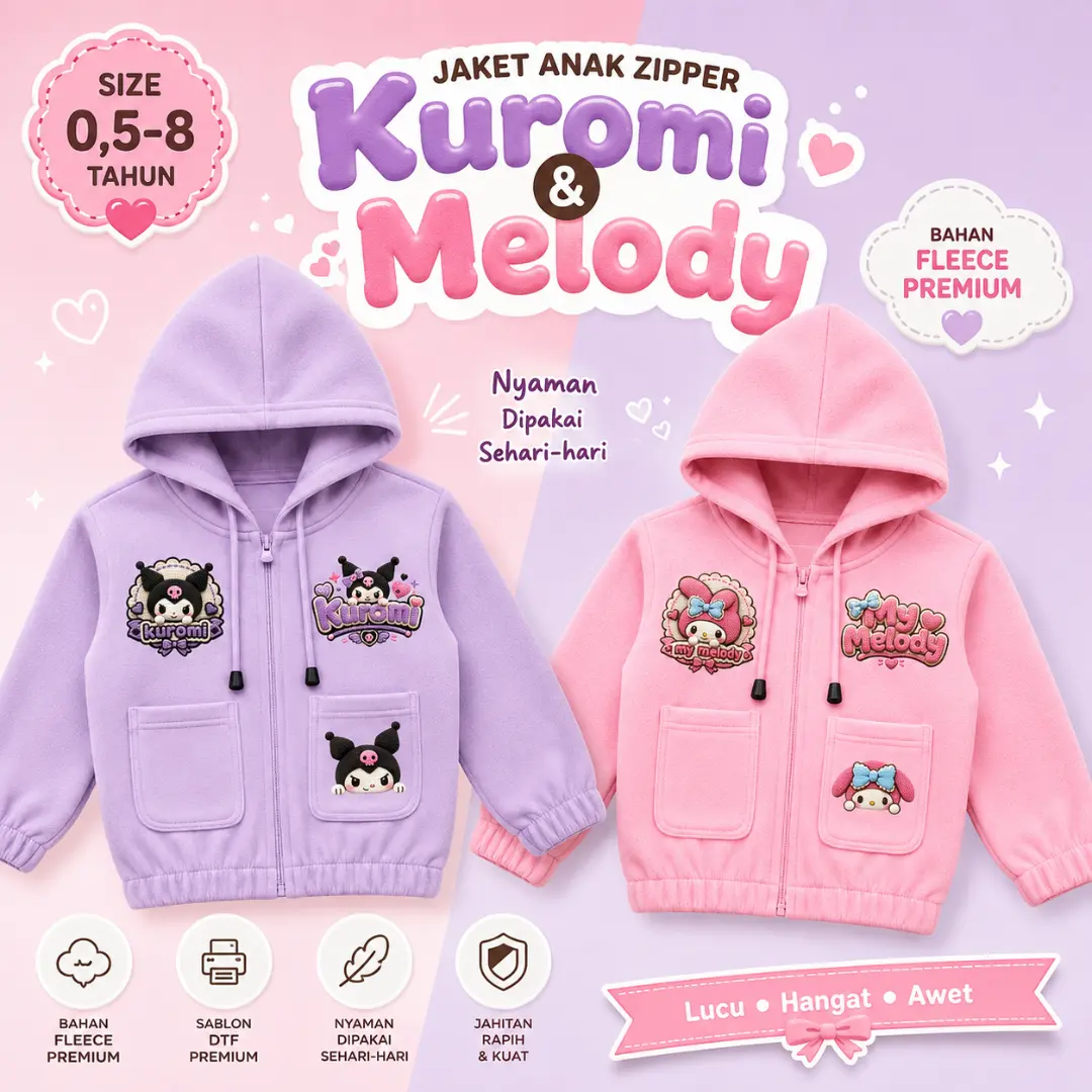 JAKET ZIPPER ANAK KUROMI DAN MELODY PEREMPUAN HOODIE USIA 0-8 TAHUN TERBARU FASHION