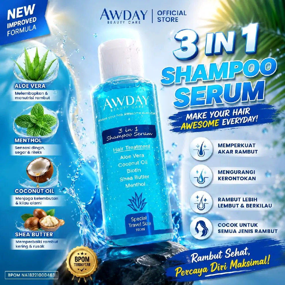 AWDAY Shampoo 3in1 100ml Non SLS untuk Pria & Wanita - Perawatan Rambut Pemanjang & Pelurus dengan Aloe Vera & Coconut Oil - Membersihkan Rambut & Mengatasi Ketombe & Rontok Shampo + biru 3