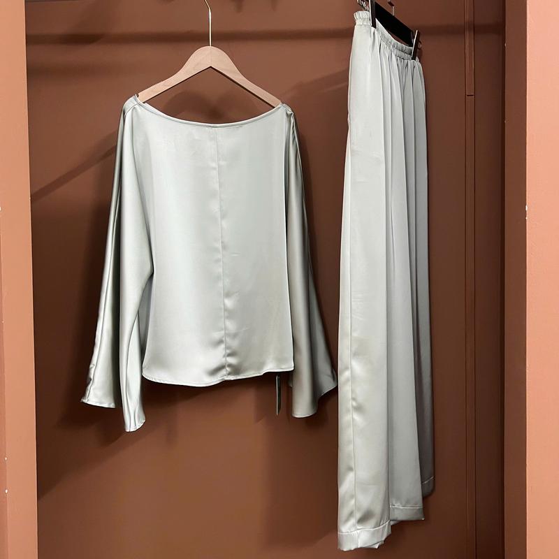  S2154 Set bộ nữ quần suông áo cổ thuyền tay loe vải lụa freesize 