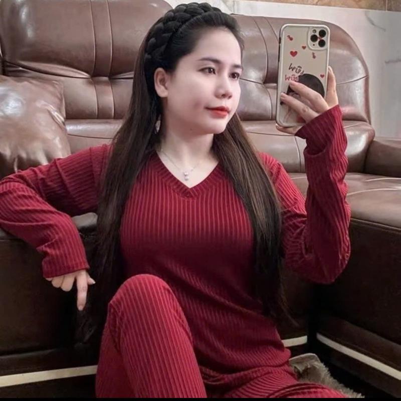 Đồ Bộ Cổ Tim Tay Dài Quần Suông, chất liệu vải gân đũa lạnh, đồ bộ ủ kem, đồ bộ mặc nhà, size từ 35-80kg