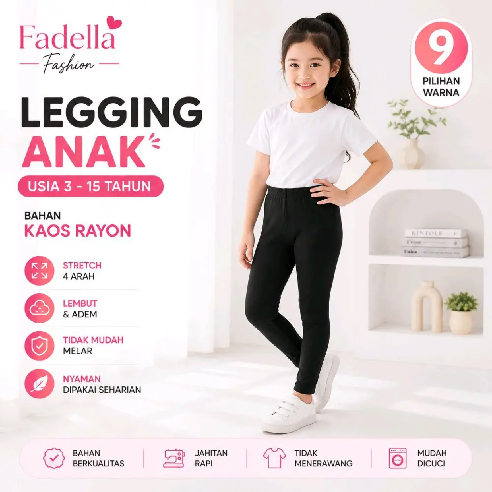 Legging Anak Perempuan Polos Premium | Stretch 4 Arah | Celana Panjang Anak Usia 3–15 Tahun | Fadella Fashion