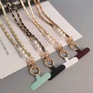Free mika Kait HP Tali Gantungan Ponsel Wanita Rantai Logam Tenun Kulit Panjang Dengan Casing Ponsel Mutiara Tali Gantungan Ponsel Universal Dekorasi Tas Silang Diagonal Lanyard Transparan Handphone