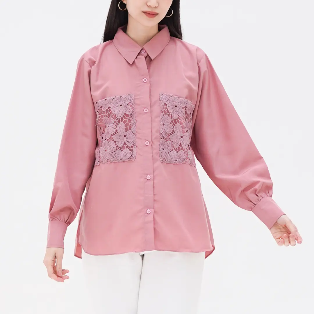 KHAILA SHIRT | Shirt Embroidery Pocket | Kemeja Wanita polos dengan Kantong Renda Mewah Baju Cantik Busui Fit Kancing Katun Merah Nyaman Tangan Panjang Flowy Stripe