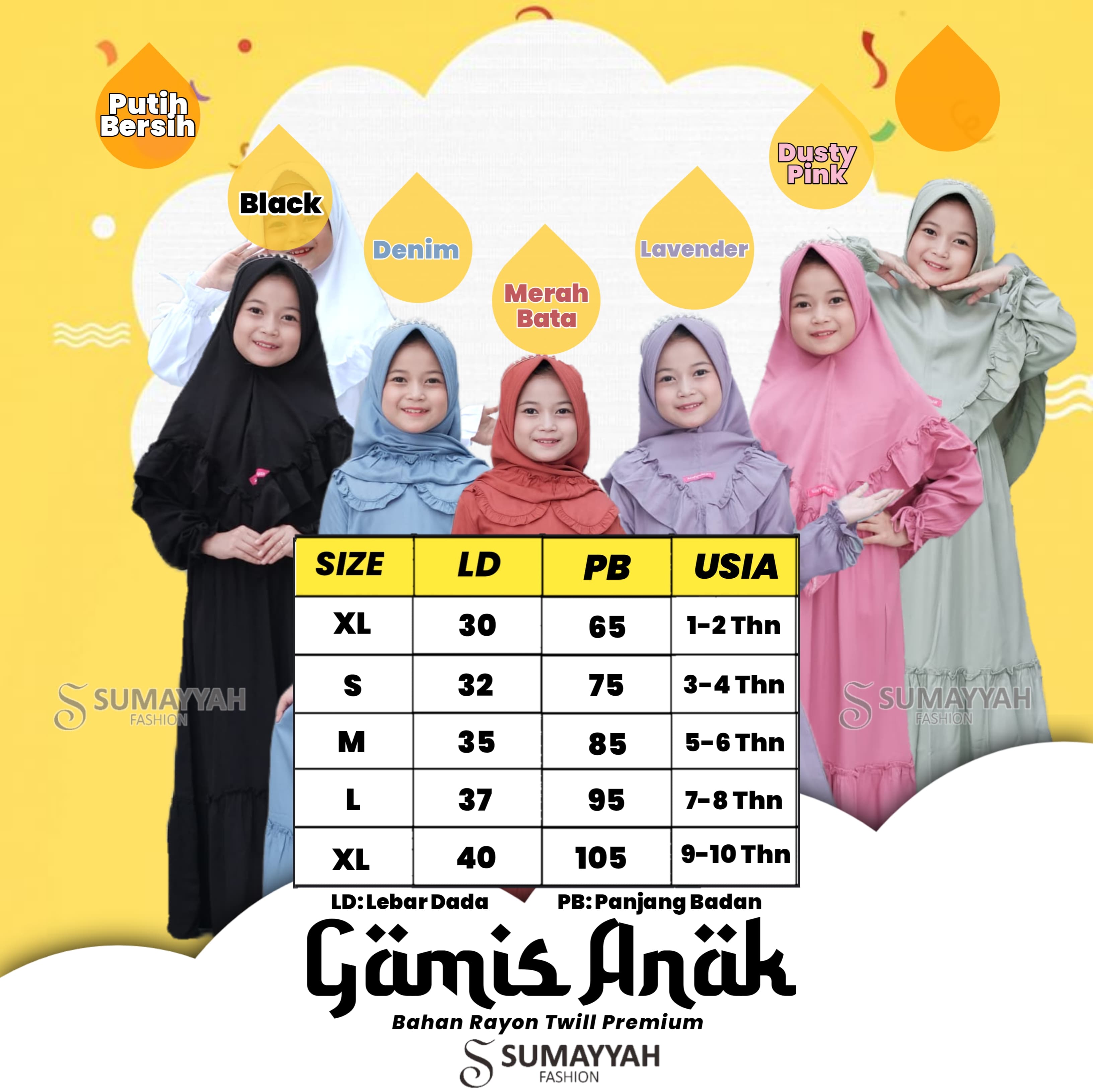 Sumayyah Kids Gamis Dress Anak Perempuan Ayuka Set Hijab Rayon Twill Premium 1-10 Tahun Muslim Baju