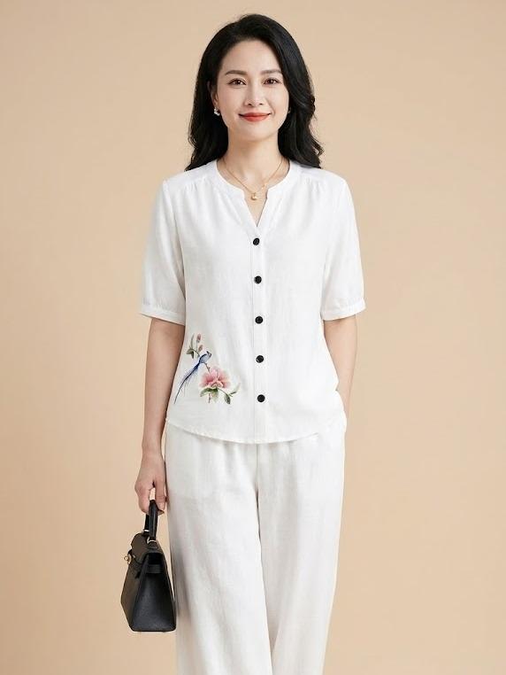 Đồ Bộ Nữ Trung Niên Vải Đũi Tơ Mềm Mịn Thoáng Mát - Bộ Đồ Kiểu Cho Mẹ Thiết Kế Họa Tiết in 3D Sang Chảnh - Set Bộ Quần Dài Áo Sơ Mi Cổ tàu Tôn Dáng full size từ M - XXL