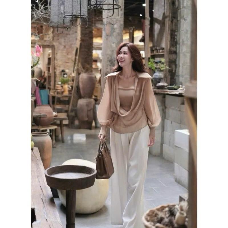 Áo Sơ Mi Tơ Ánh Tay Dài Cổ Trễ Mix Áo Quây Bo Chun Lưng - Hân Linh shop