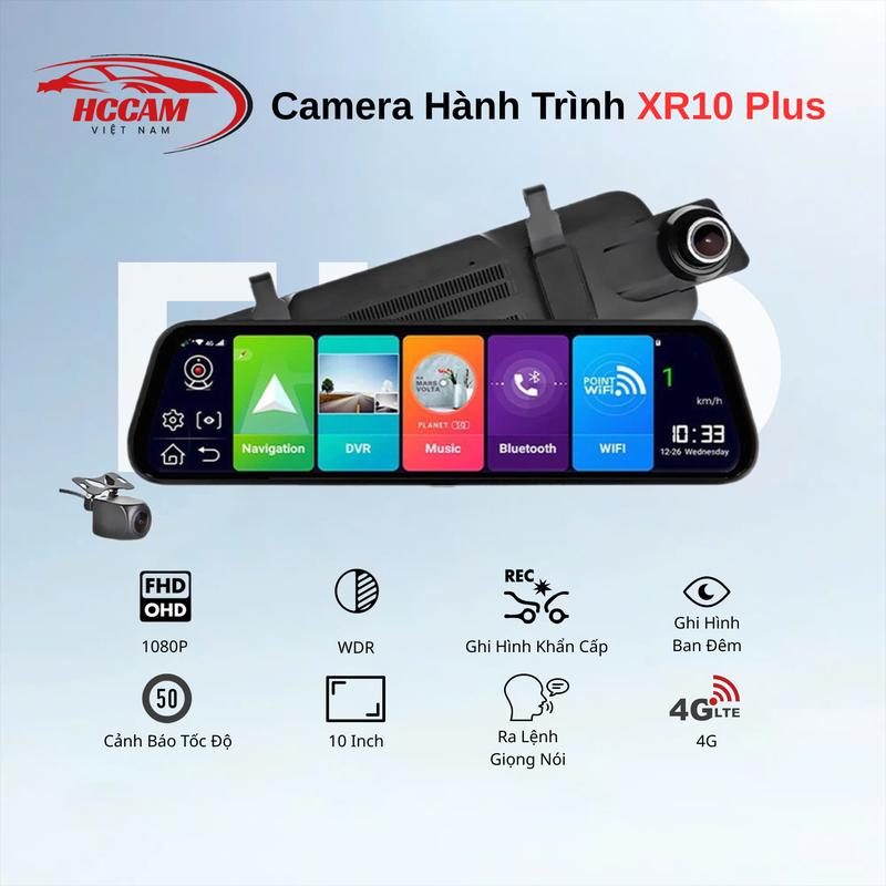 Camera Hành Trình Gương XR10Plus HCCAM 4G, Ghi Hình FullHD 1080P, Xem Xe Từ Xa,…