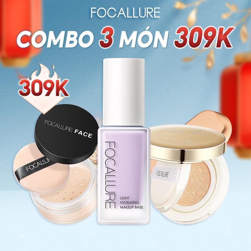 FOCALLURE Combo 3 Món Trang Điểm Nền Phù Hợp Trang Điểm Hằng Ngày Kem Lót Hỗ Trợ Làm Đều Màu Da + Phấn Nước Cushion Hỗ Trợ Che Phủ + Phấn Phủ Dạng Bột