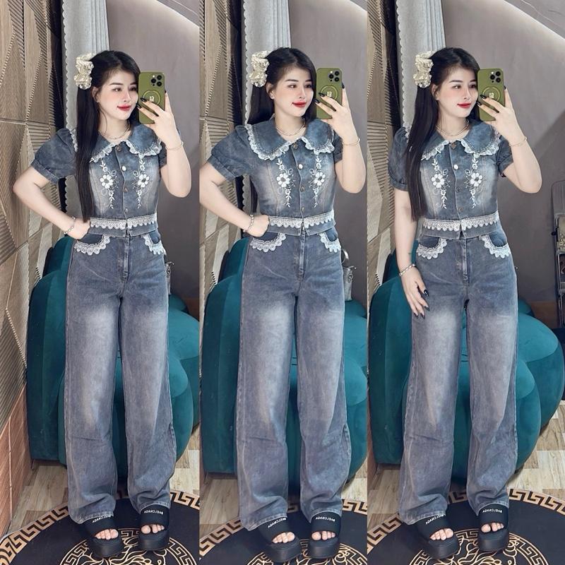  Freesize 45-58kg- SET JEAN KHÔNG GIÃN vạt áo may ren nút gài . Quần jean ống suông dài 96cm 