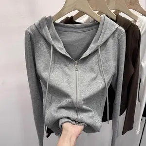 Hoodie Ritsleting Ganda Premium abu-abu muda