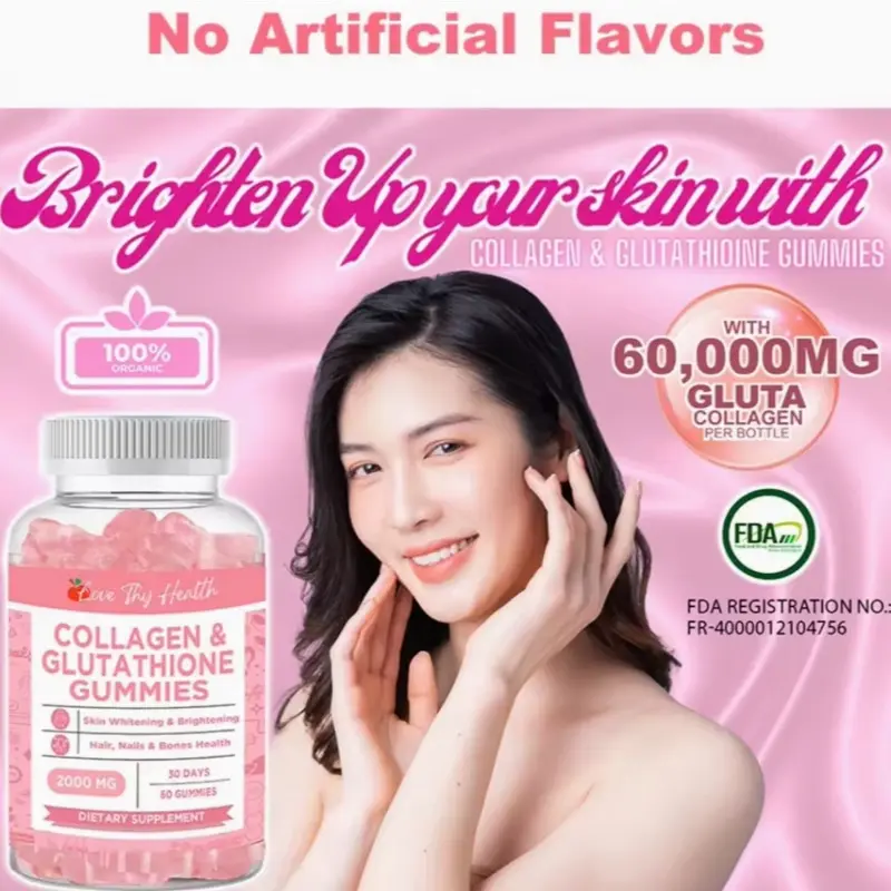Love Thy Health Collagen & Glutathione Gummies 1000 MG for Skin Whitening Hair Nails & Bones Health 30 Days 60 Gummies Dietary Supplement