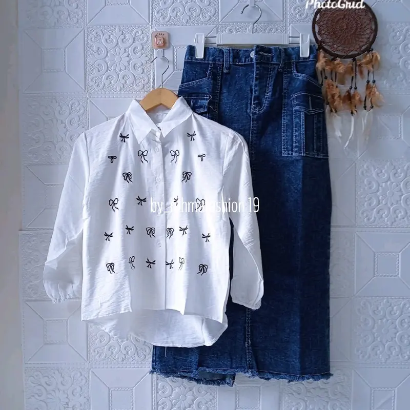 Setelan Kemeja Pita Kancing Fuul Dan Bawahan Rok Jeans Variasi Saku Depan Usia 8_11 Tahun 7