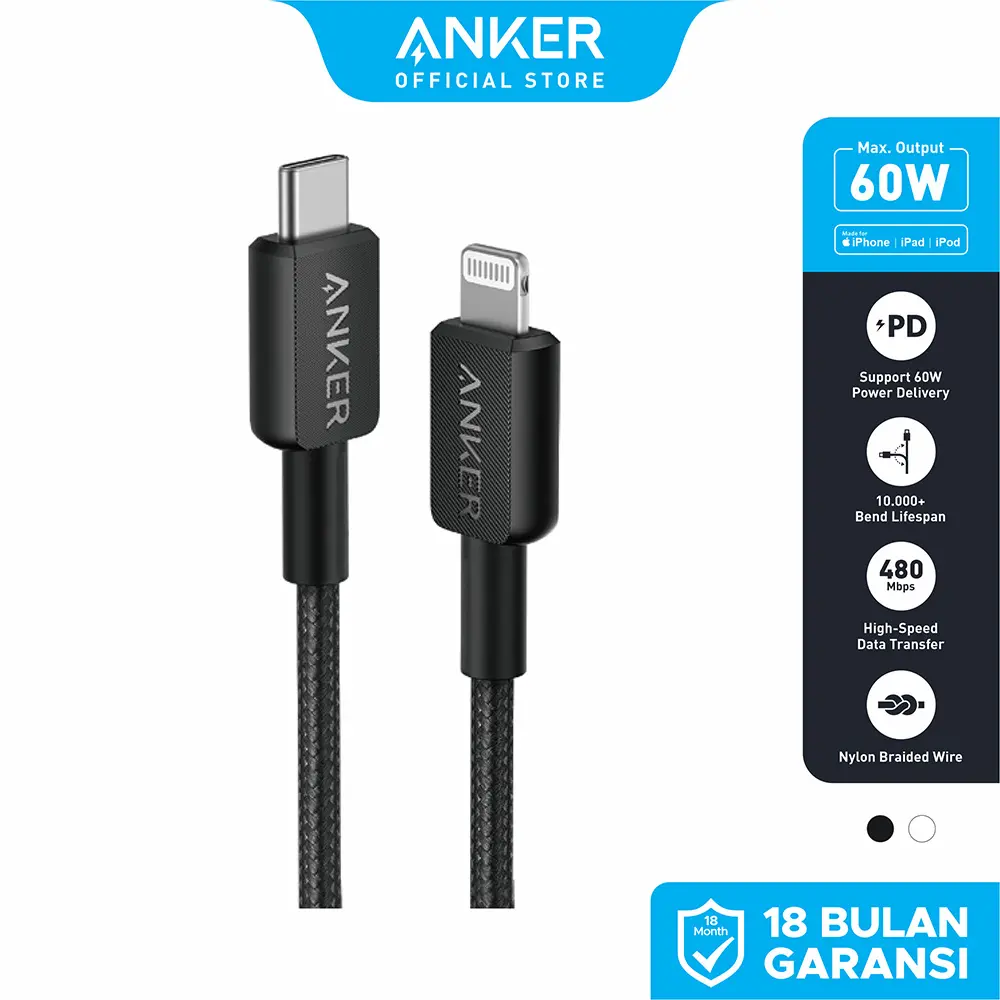 Kabel Charger Anker 322 USB-C to Lightning 3ft - A81B5