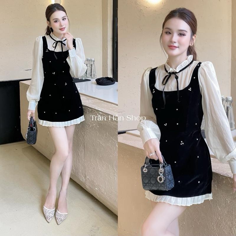  V379 VIP Váy nhung phối viền cao cấp tay tơ TK đính đá phối nơ tiểu thư thanh lịch vaytet vay mactet 