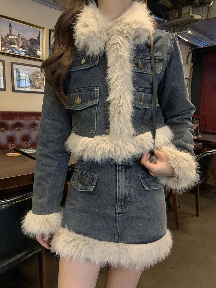 Product Introduction of Fujia Qianjin-Áo Khoác Denim Chần Bông Dày Lót Lông Cừu Cho Nữ, Váy Cạp Cao, Trang Phục Thời Trang Mới Mùa Đông 2023 28