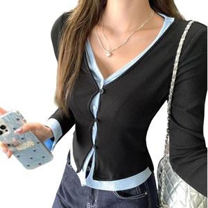 Áo Thun Dài Tay Dệt Kim Hai Mảnh, Thiết Kế Cô Gái Nóng Bỏng Gợi Cảm, Dành Cho Nữ, Đầu Mùa Thu Thiết Kế Nút Mới, Áo Cổ Chữ V, Thời Trang Và Phong Cách, 3450 #