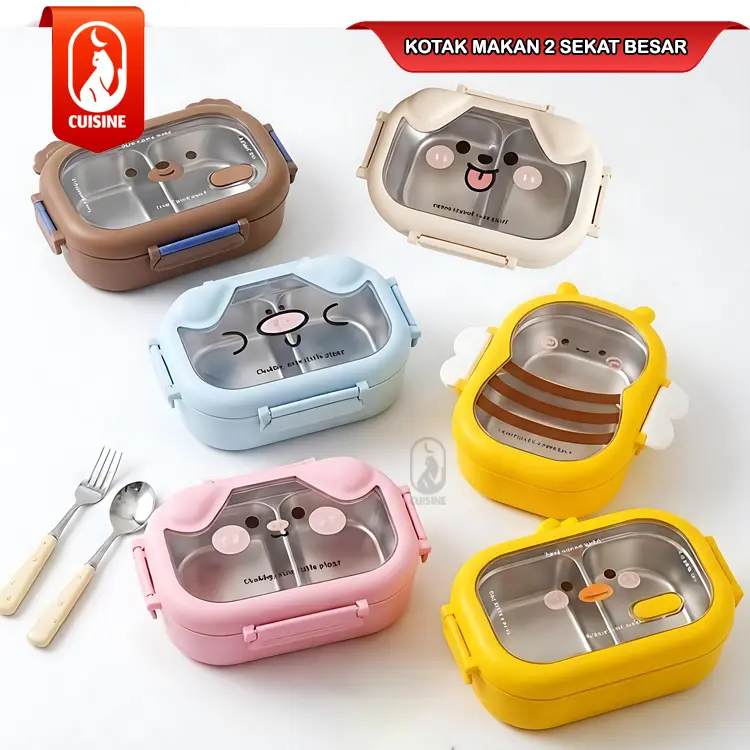 Cuisine Kotak Makan bekal anak Sekolah Kantoran 2 Sekat 1000 ML Lunch Box Stainless Karakter BEAR dan BEBEK DUCK Besar tempat bekal stianless steel dengan kompartemen