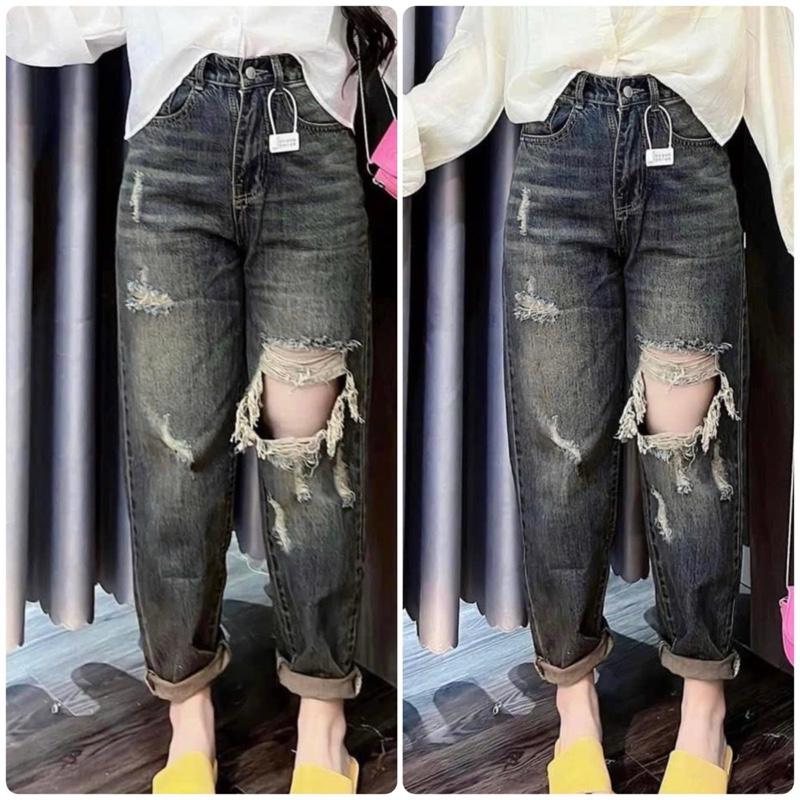  TIENSTYLE - Quần Baggy Rách Gối Lỗ To Lưng Chun Co Giãn Quần Dài Nữ Bigsize Màu Xanh Bụi Nhạt 