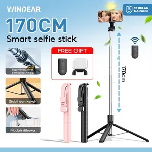 WINDEAR Selfie stick, portable travel tripod, suitable for phone selfies and TikTok videos, 360° rotating floor tripod with image stabilization, [windproof and sturdy tripod/image stabilization], 170cm with fill light.