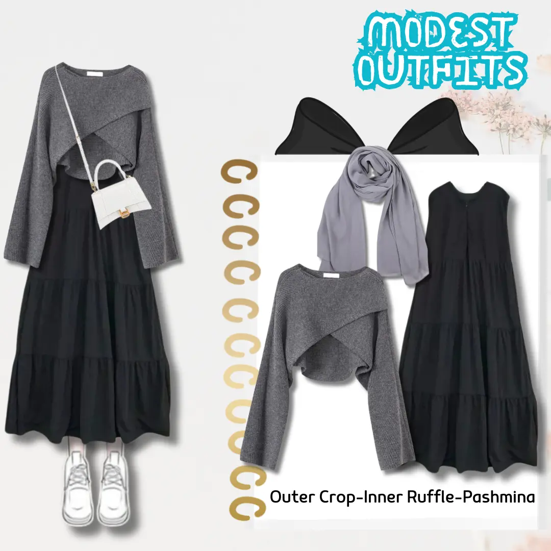 One Set 3in1 Modest Outfit Inner Raffle + Pashmina + Outer Crop Fashion Hijab Remaja Korean Look BC32