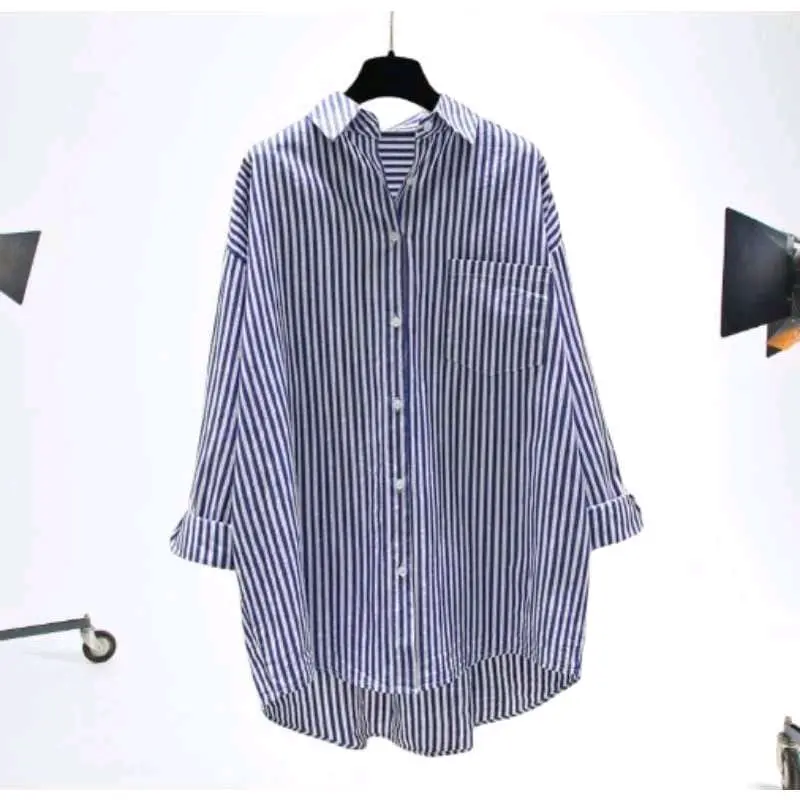 kemeja wanita terbaru / kemeja wanita kekinian / kemeja salur katun kasual Blouses & Shirts