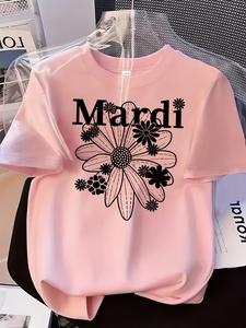 レディース フラワーラインアート半袖Tシャツ、全3色展開、ゆったりシルエットで体型カバー、通勤・旅行・デート向け万能トップス