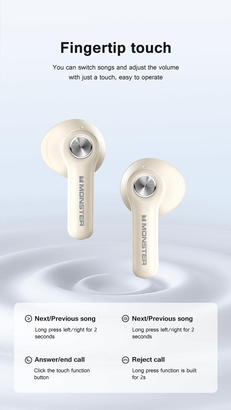 Product Introduction of Monster N-Lite 207 Wireless Earphone Bluetooth 5.4 Waterproof In-Ear HiFi Stereo Noise Canceling Wireless Earbuds With Microphone monster headphones 12