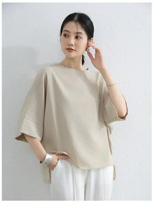 レディース 半袖 コットンリネンTシャツ、パッチワーク袖、ルーズで細見え、無地トップス、カジュアルなラウンドネック、新作