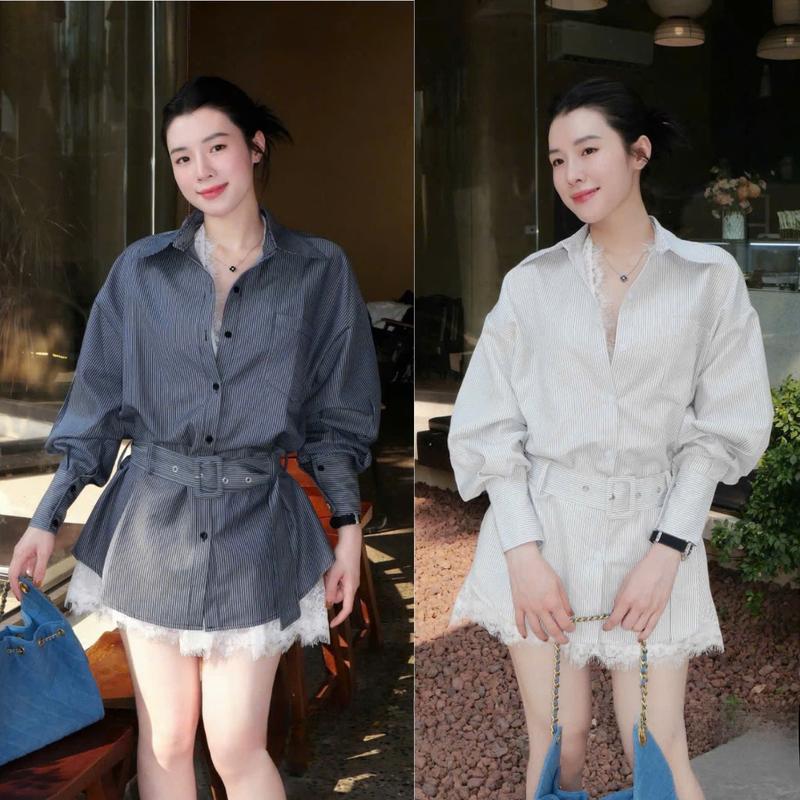  K36 Set sơ mi váy 4 chi tết  váy ren + áo sơ mi+ quần+ đai  áo sơ mi dáng dài phối váy ren trong kèm đai và quần 