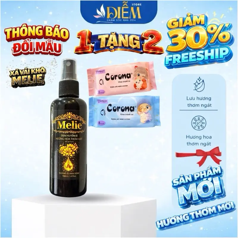 [ 1 TẶNG 2 Khăn Mini Binbin ] - Xịt Thơm Quần Áo Melie 100ml - Xả Khô Melie 100ml - Làm Mềm Vải - Hương Nước Hoa